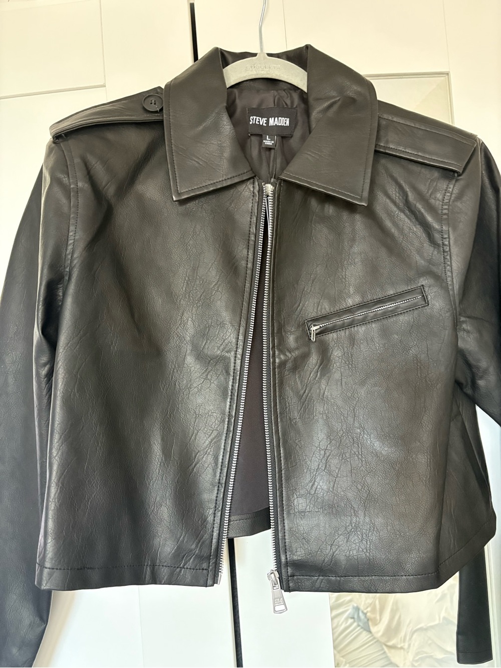 Steve Madden Black Faux Leather Zip Crop Jacket size L